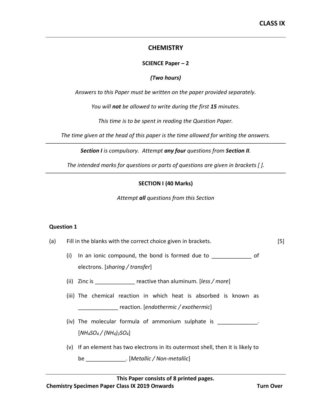 icse-class-9-specimen-paper-for-chemistry