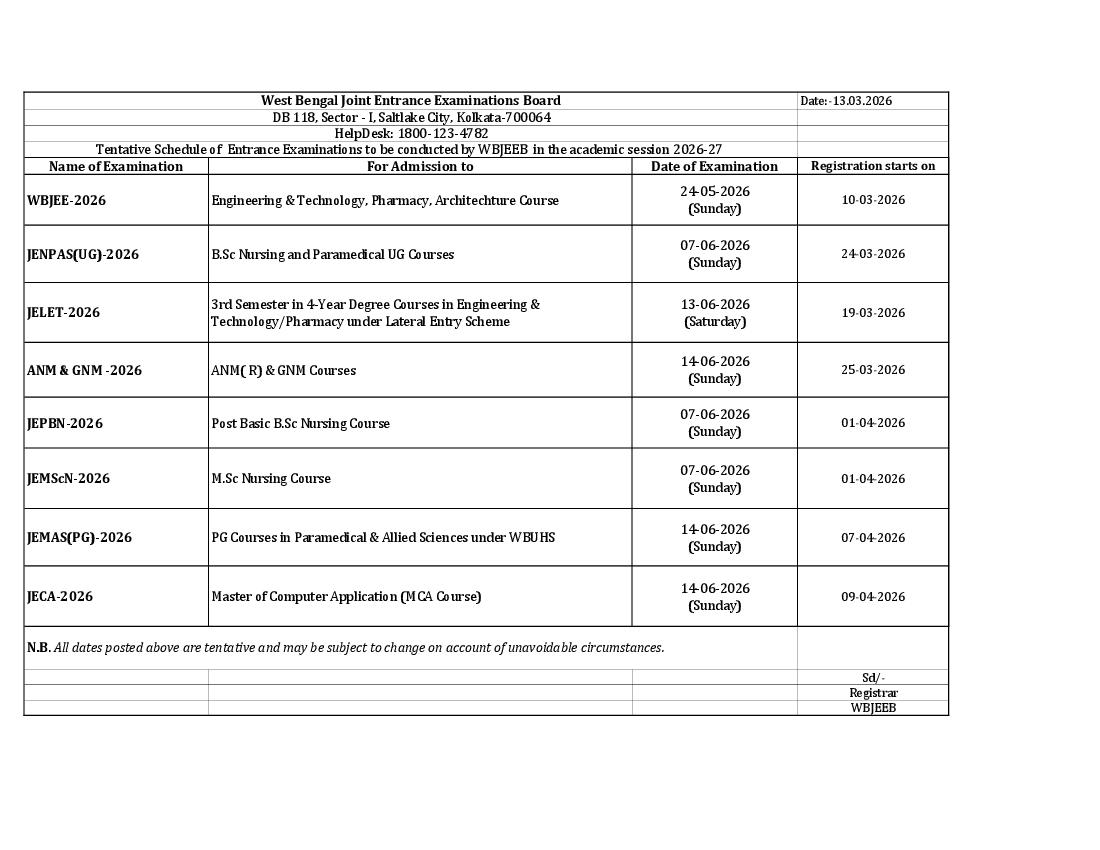 WBJEEB Exam 2026 Schedule - Page 1