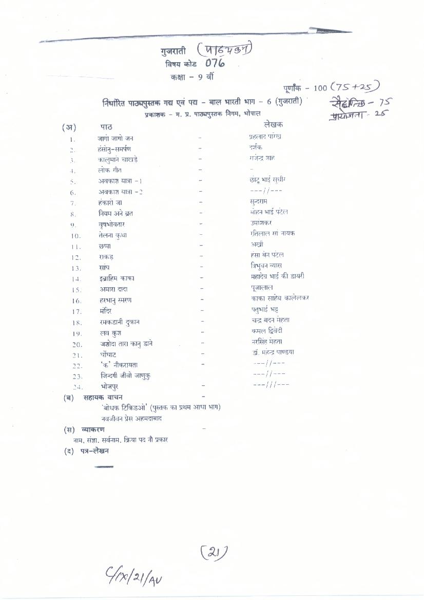 CG Board 9th Syllabus 2023 Gujarati - Page 1