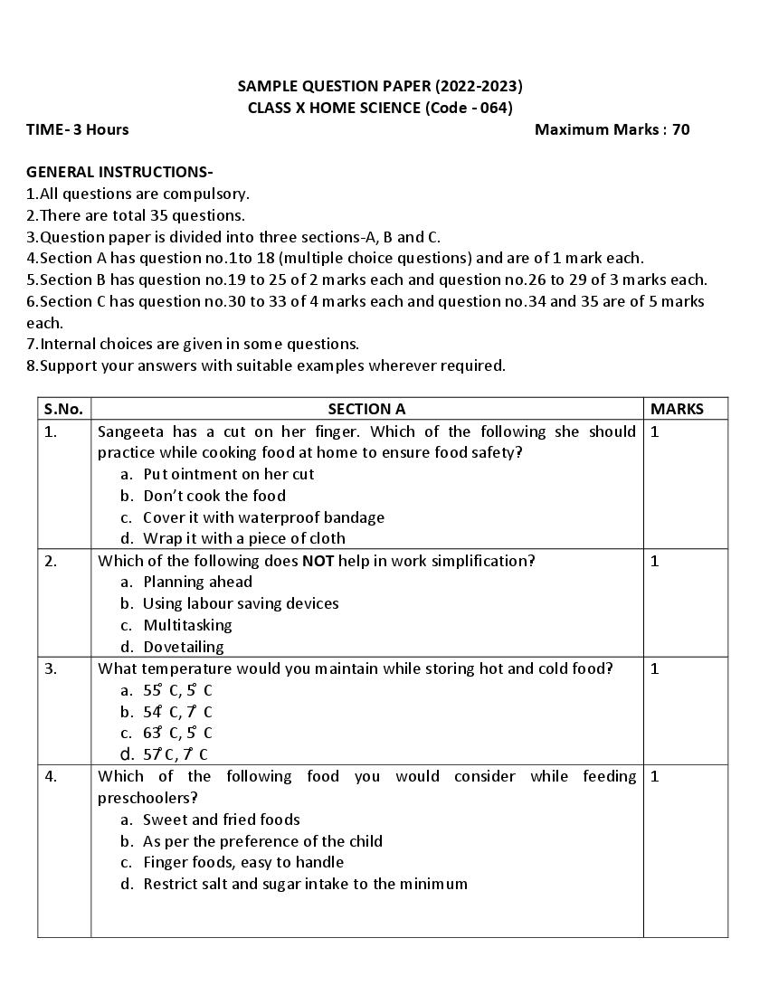 CBSE Class 10 Sample Paper 2023 for Home Science - Page 1