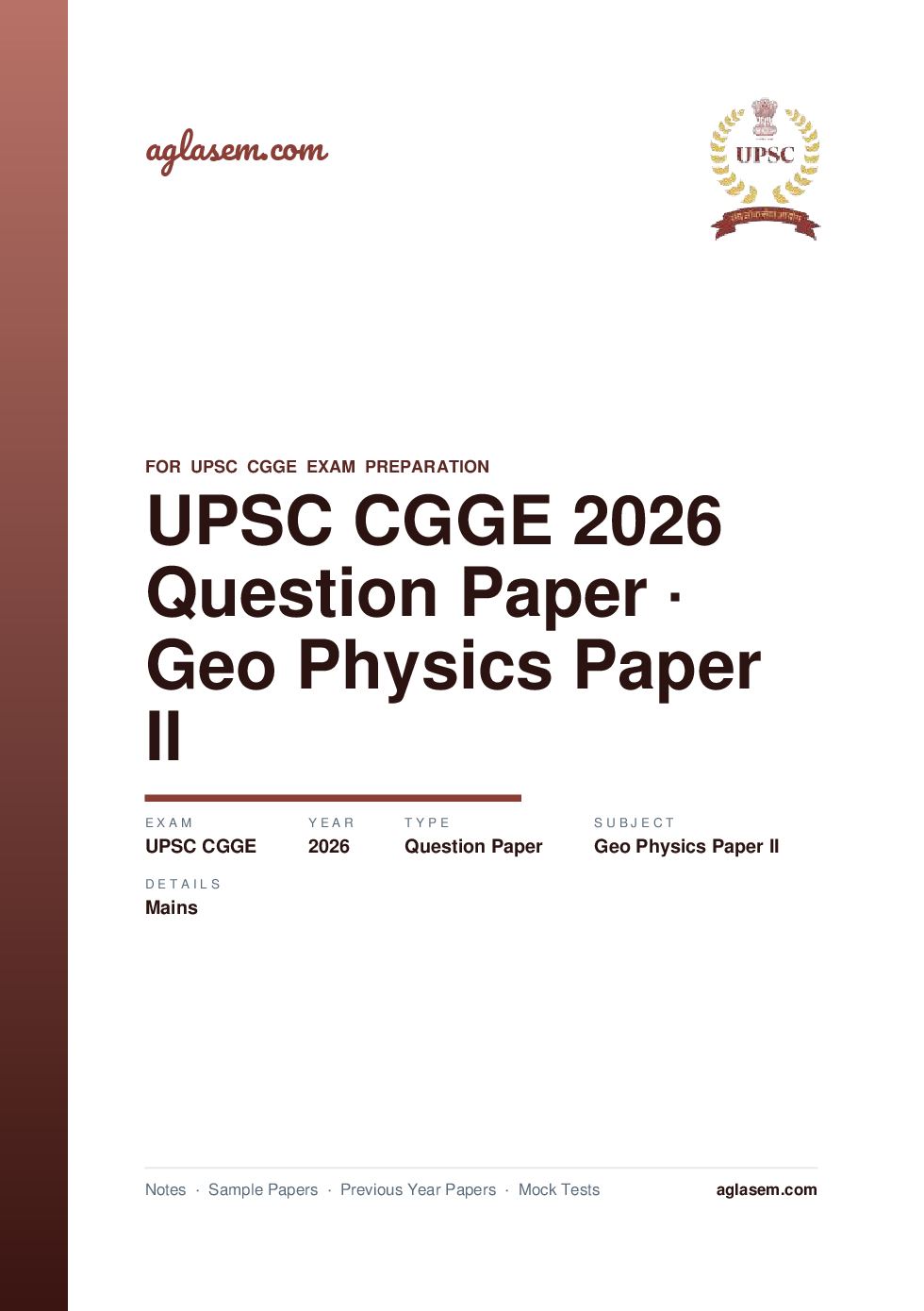 UPSC CGGE 2026 (Mains) Question Paper Geo-Physics Paper II - Page 1 of 9