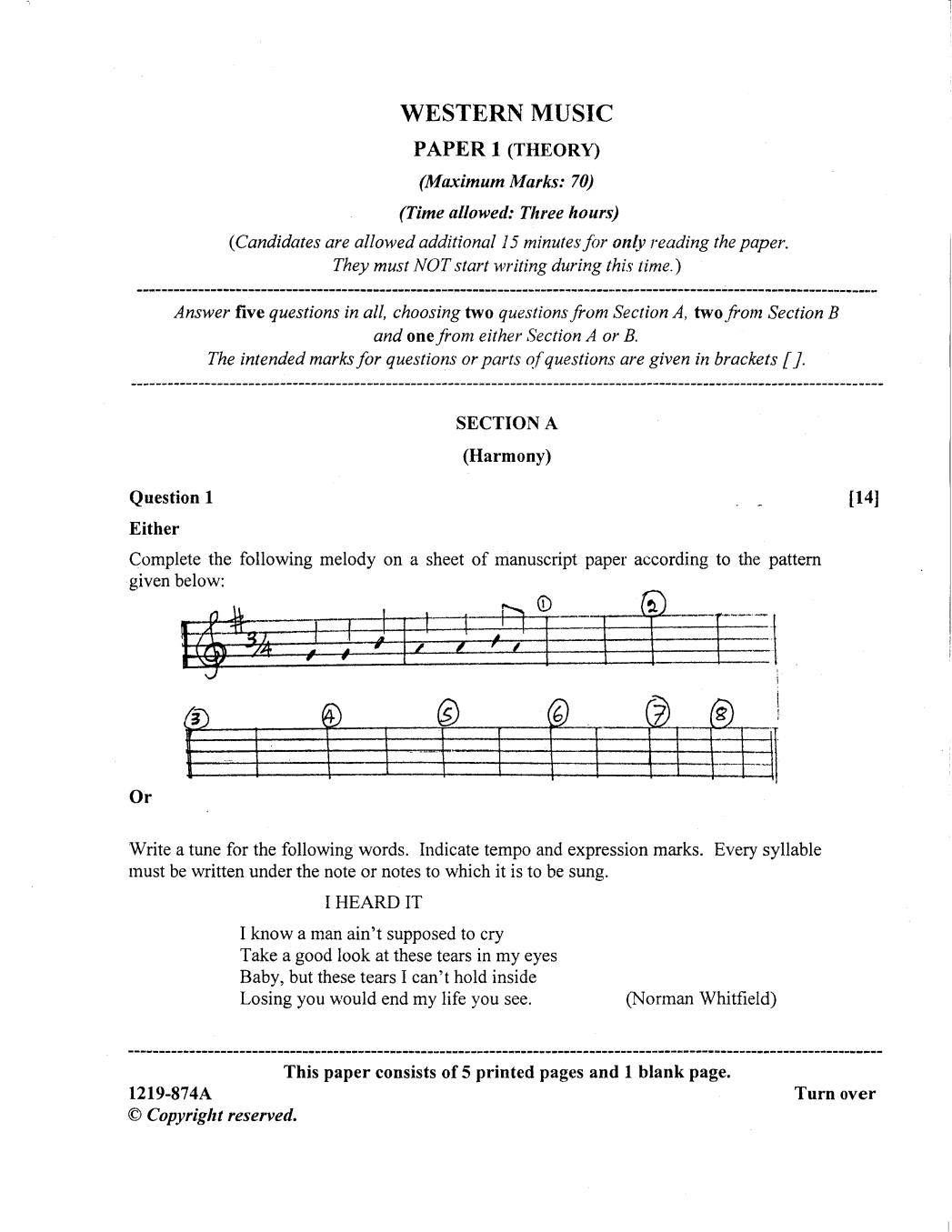 ISC Class 12 Question Paper 2019 for Western Music Theory  - Page 1
