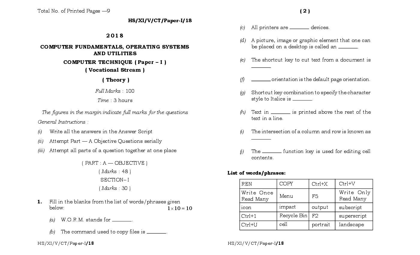 MBOSE Class 11 Question Paper 2018 for Computer Technique Paper-I - Page 1