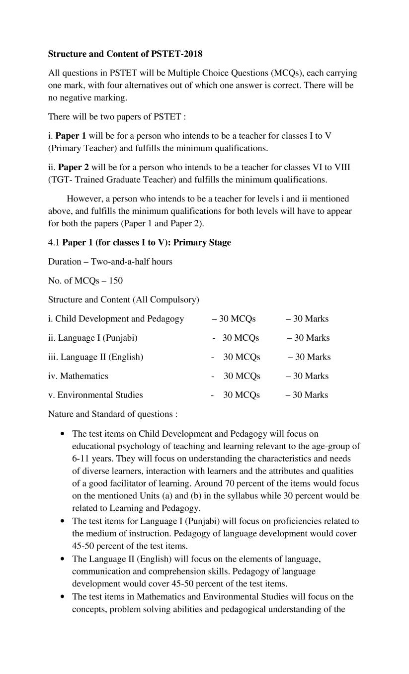 PSEB PSTET Syllabus for 2019 - Page 1