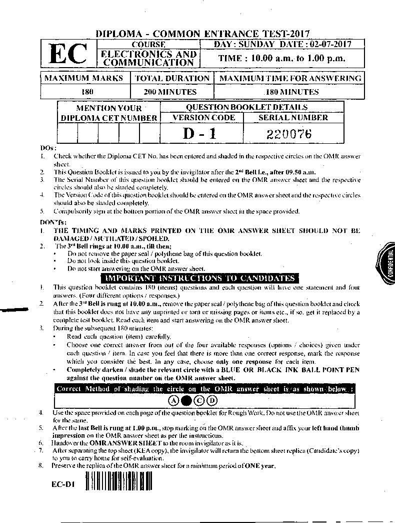 Karnataka Diploma CET 2017 Question Paper Electronics and Communication Engineering - Page 1