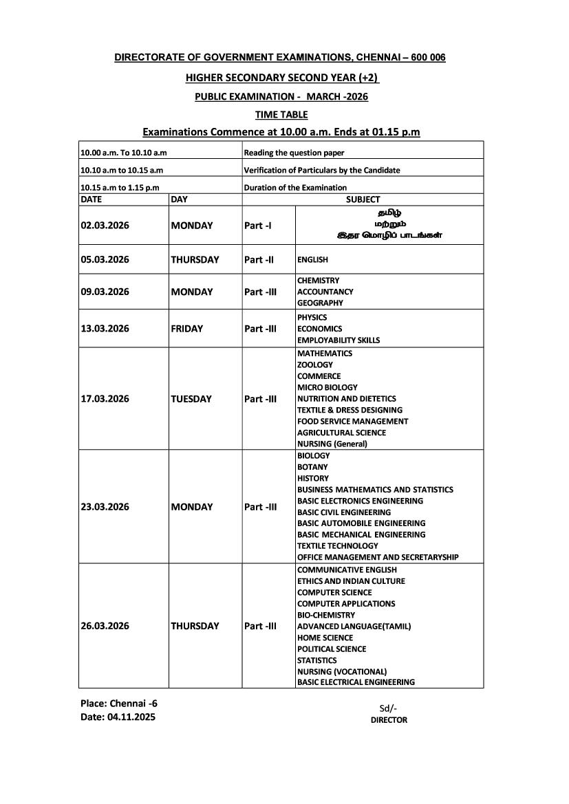 Tamil Nadu 12th Time Table 2026 - Page 1