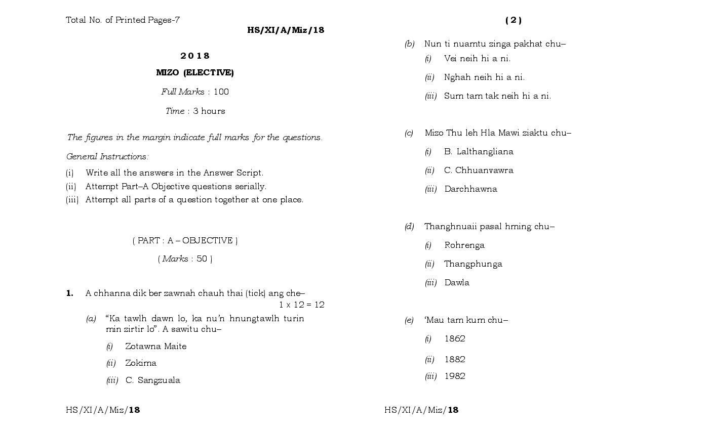 MBOSE Class 11 Question Paper 2018 for Mizo Elective - Page 1