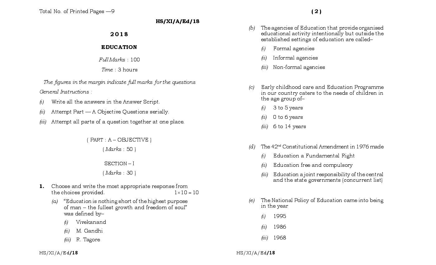 MBOSE Class 11 Question Paper 2018 for Education - Page 1