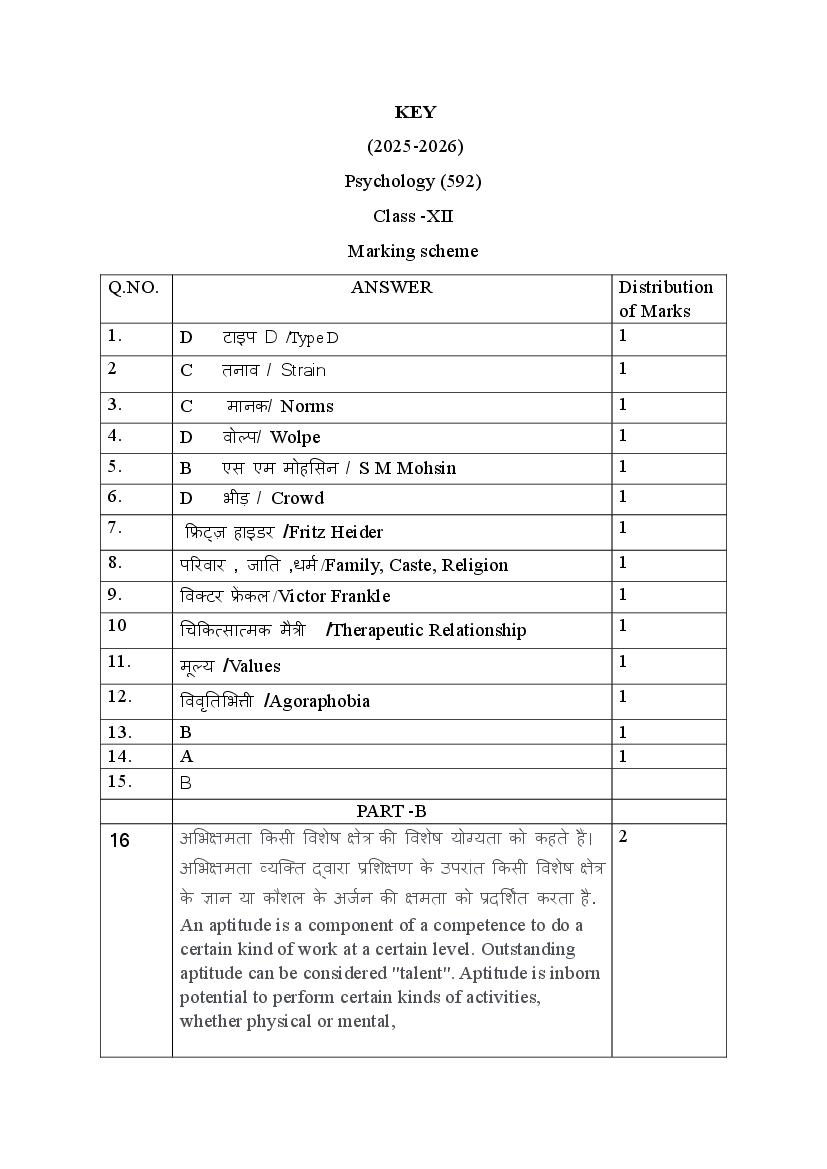 HBSE Class 12 Sample Paper 2026 Answers Psychology - Page 1
