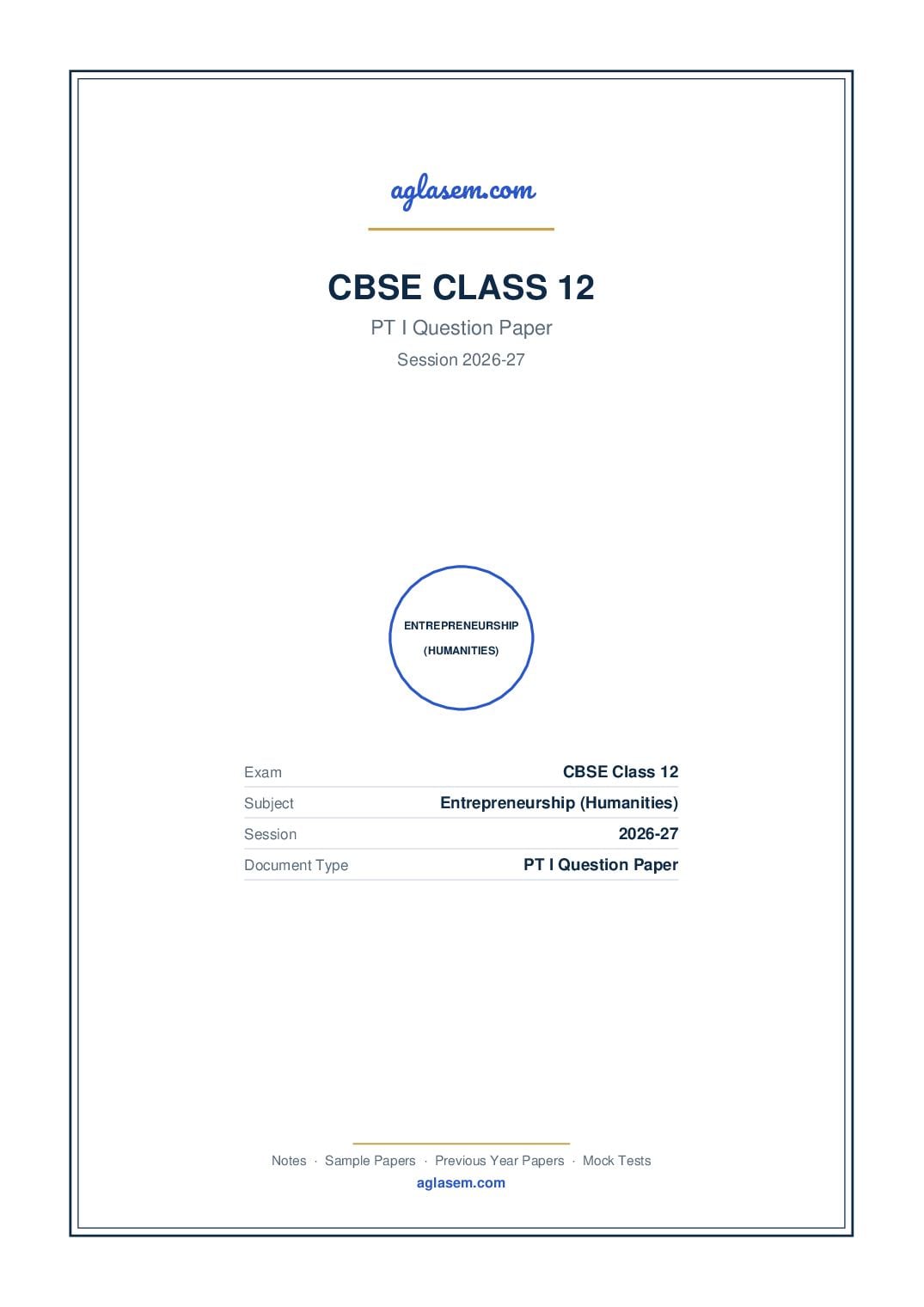 Class 12 PT I Question Paper 2026-27 Entrepreneurship (Humanities) - Page 1 of 4