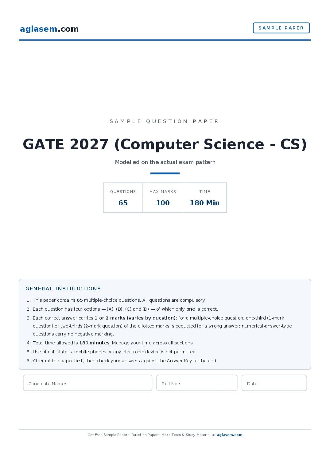 GATE 2027 Sample Paper (Computer Science - CS) - Page 1 of 12
