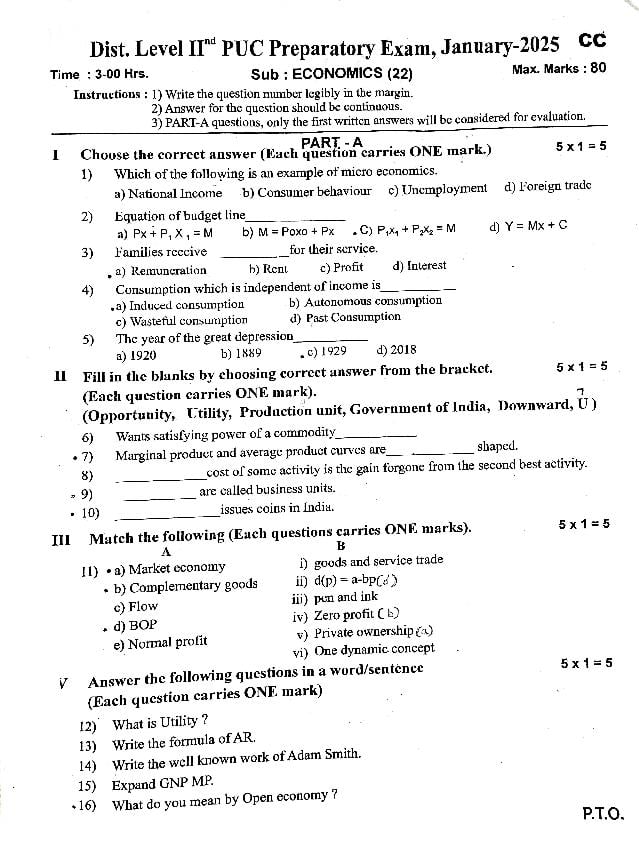 Karnataka 2PUC Preparatory Exam Question Paper 2025 Economics - Page 1