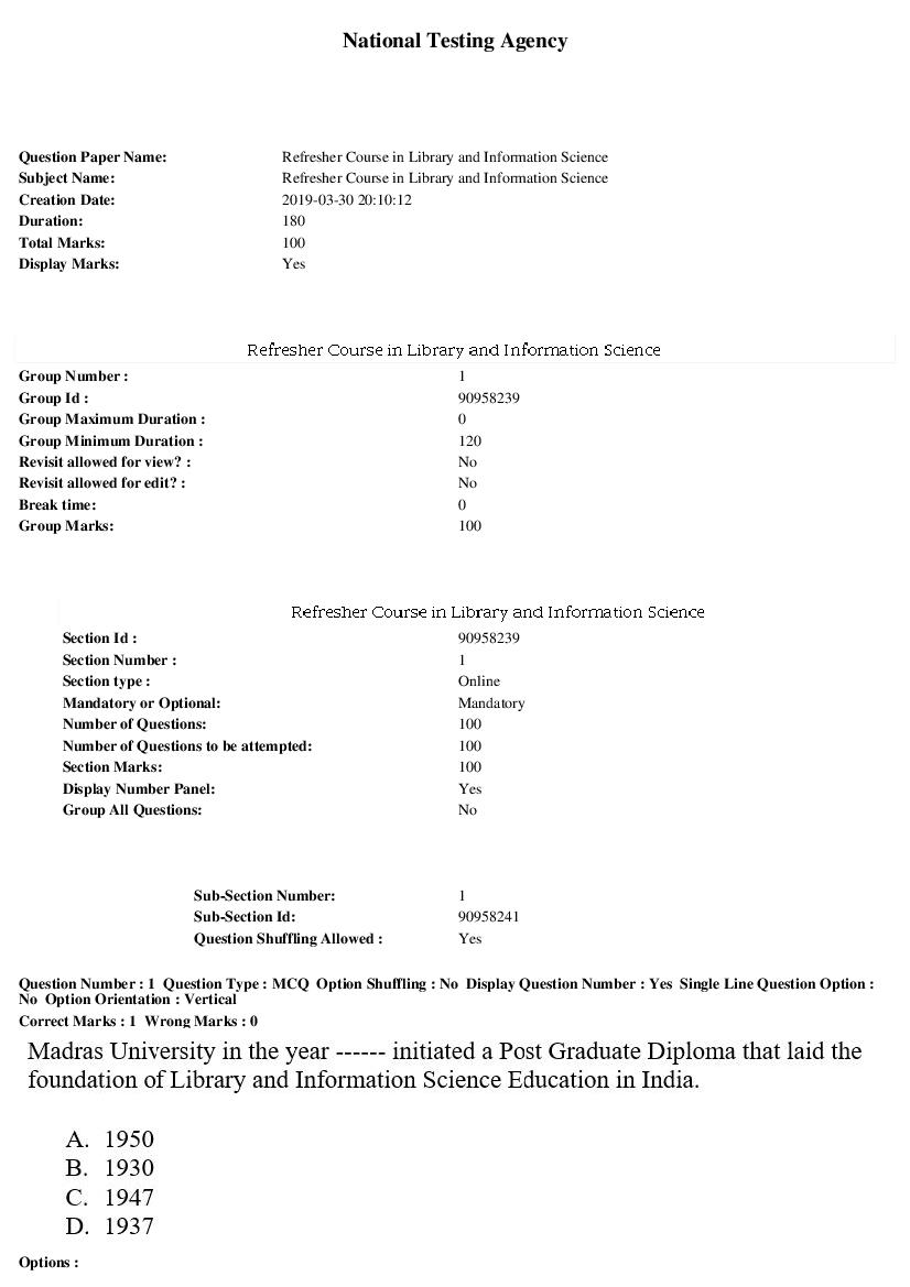 ARPIT 2019 Question Paper for Refresher Course in Library and Information Science - Page 1 of 35