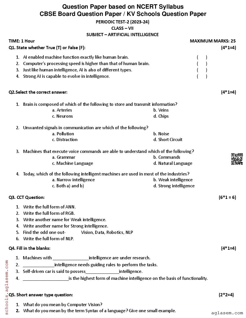 Class 7 PT 2 Question Paper Artificial Intelligence 2023-24 | Download ...
