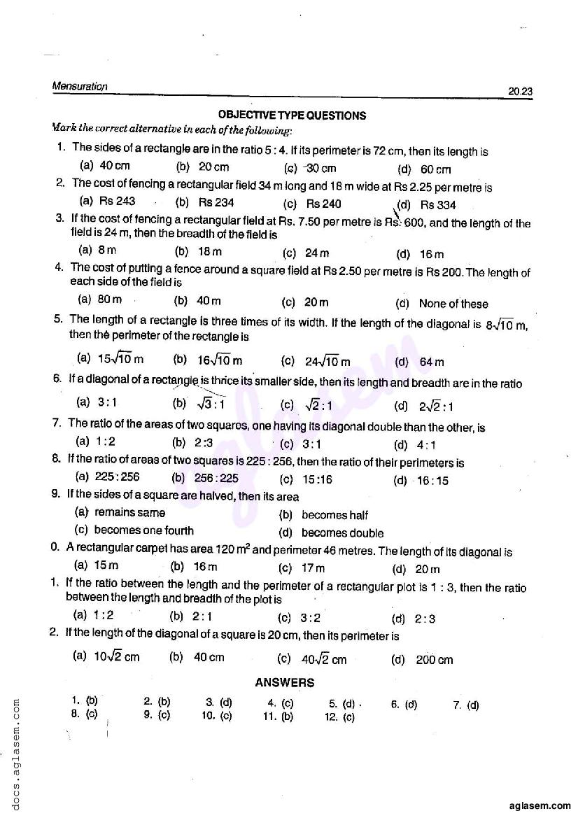 RD Sharma Solutions Class 6 Maths Chapter 20 Mensuration MCQ - Page 1