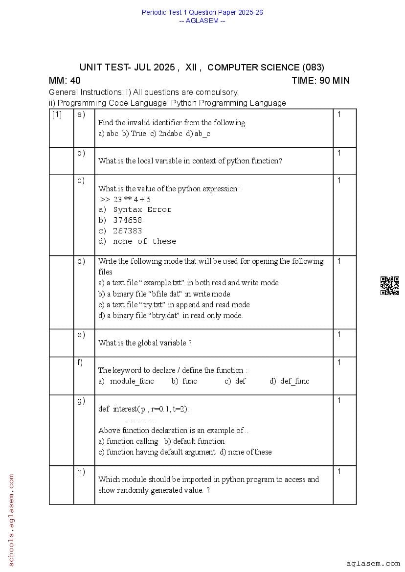 Class 12 PT 1 Question Paper Computer Science 2025-26 PDF | Download ...