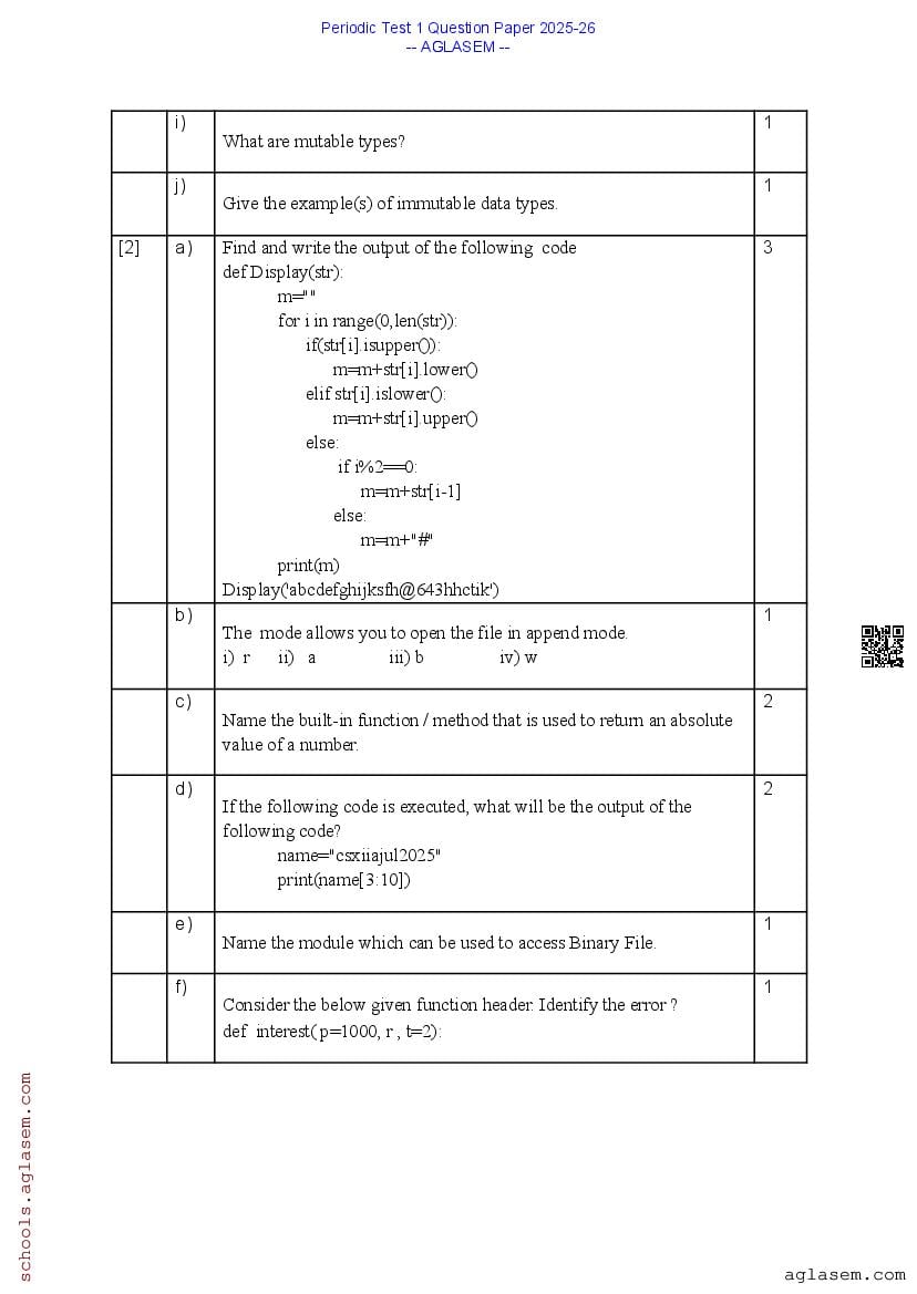 Class 12 PT 1 Question Paper Computer Science 2025-26 PDF | Download ...