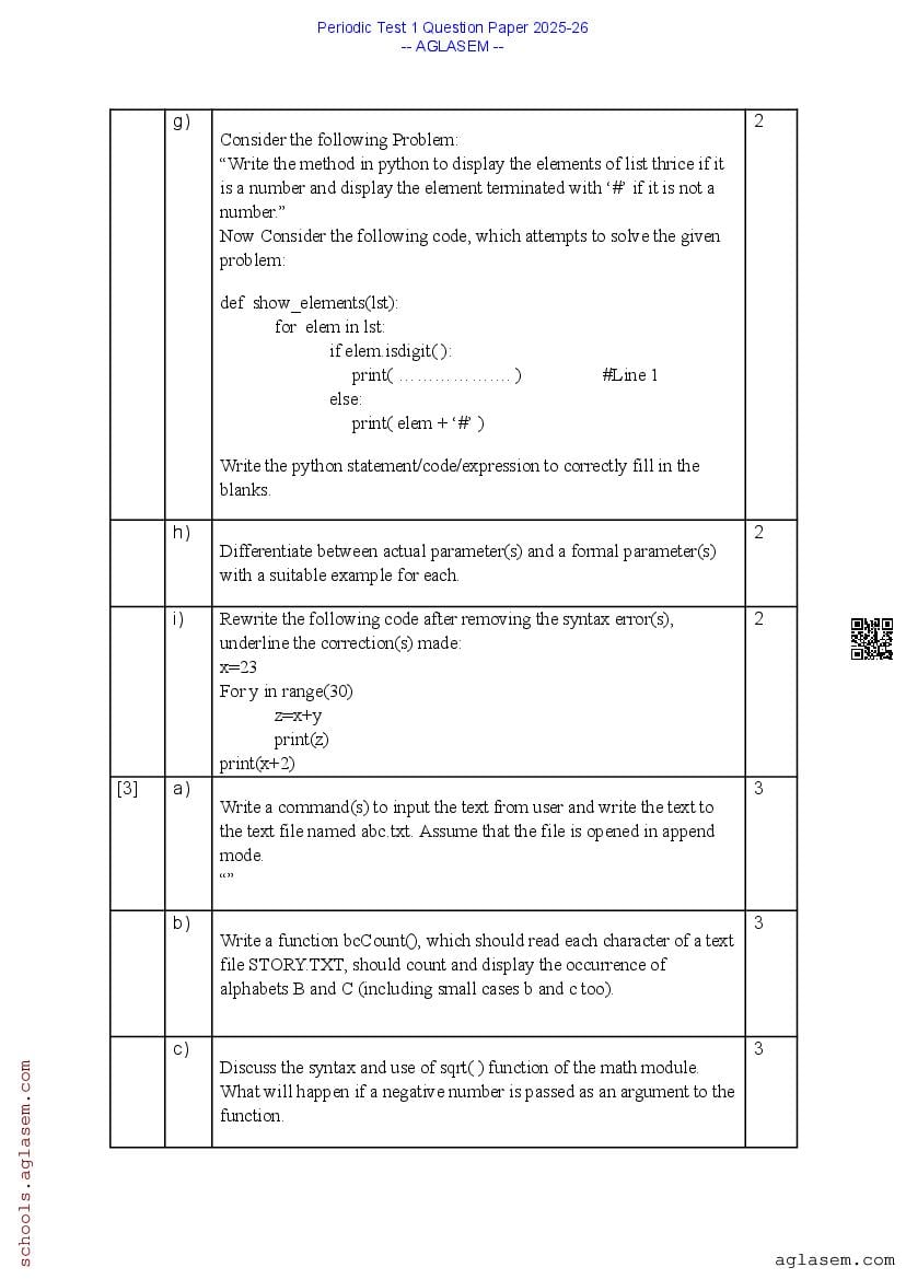 Class 12 PT 1 Question Paper Computer Science 2025-26 PDF | Download ...