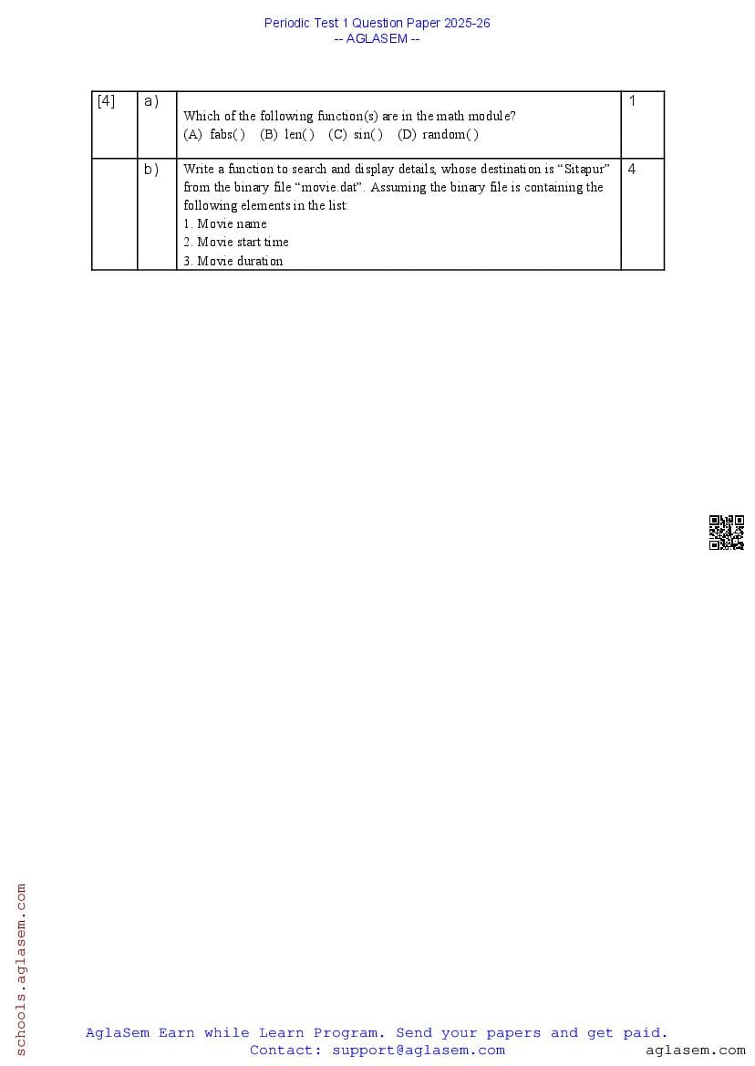 Class 12 PT 1 Question Paper Computer Science 2025-26 PDF | Download ...