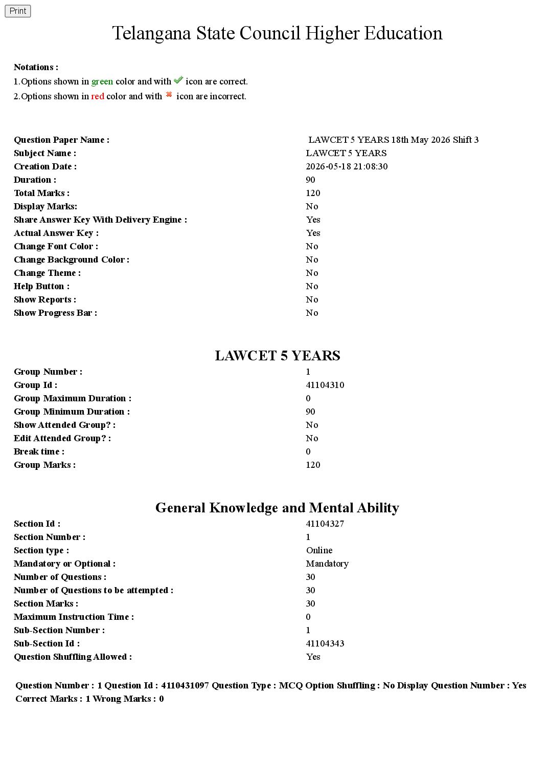 TS LAWCET 2026 Question Paper 5 Year Shift 3 - Page 1 of 62