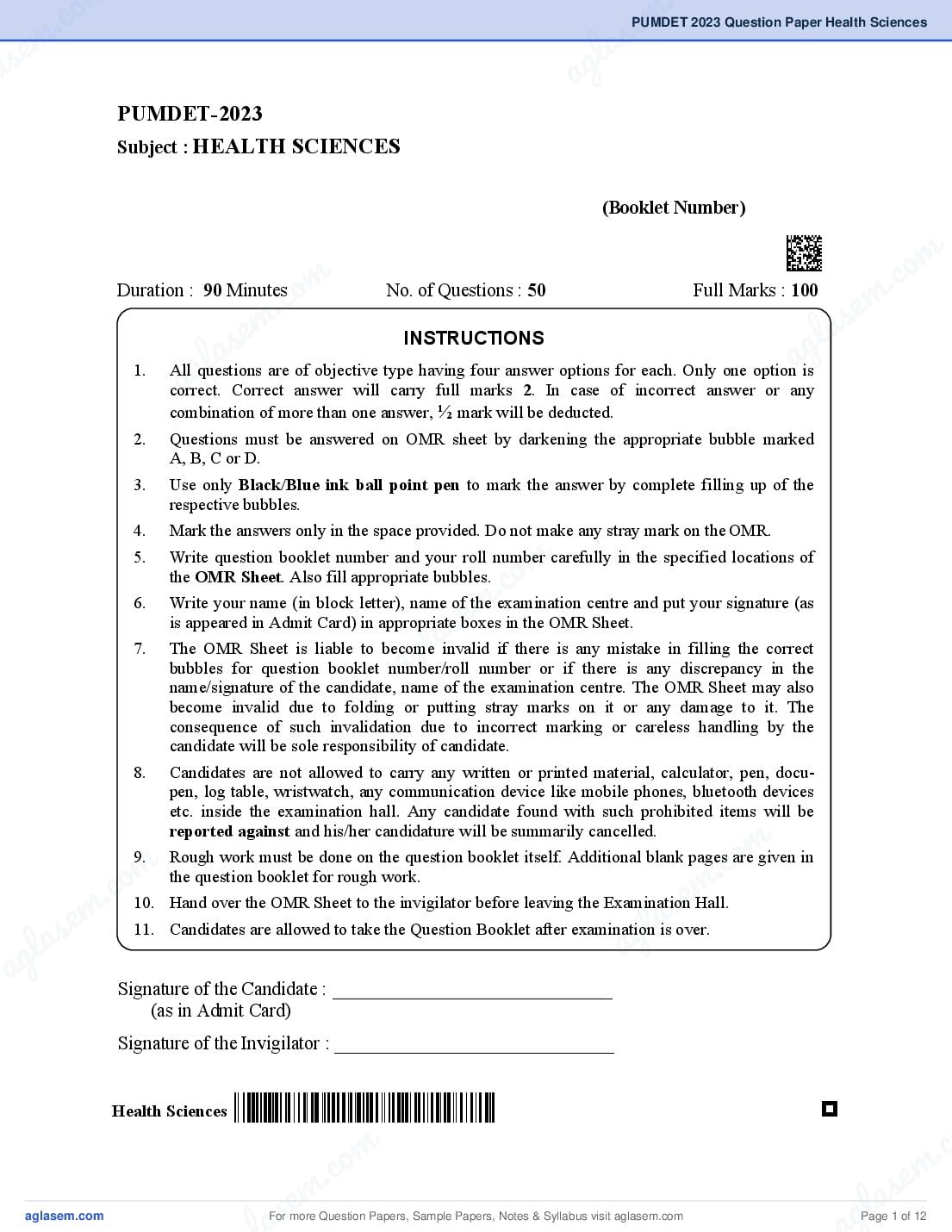 PUMDET 2023 Question Paper Health Sciences - Page 1 of 12