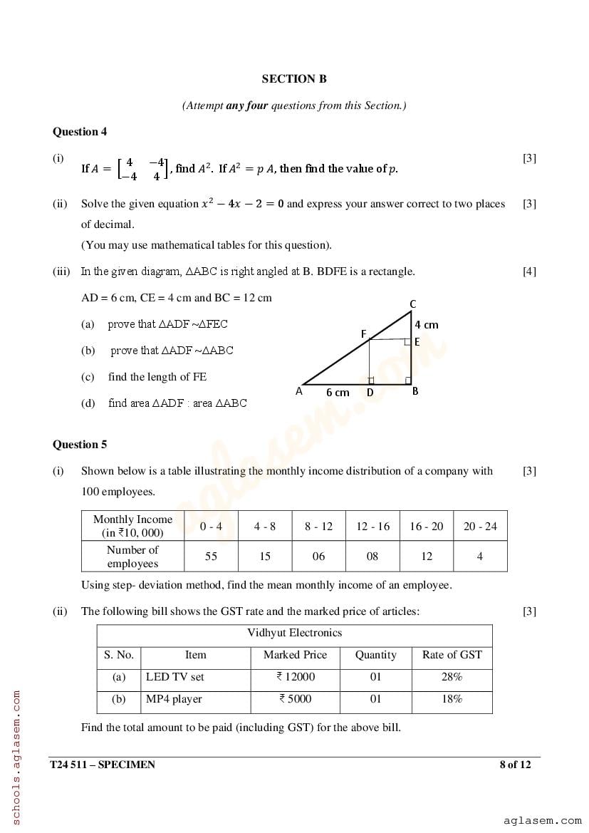 ICSE Mathematics Specimen Paper 2024 (PDF) CISCE Class 10 Mathematics