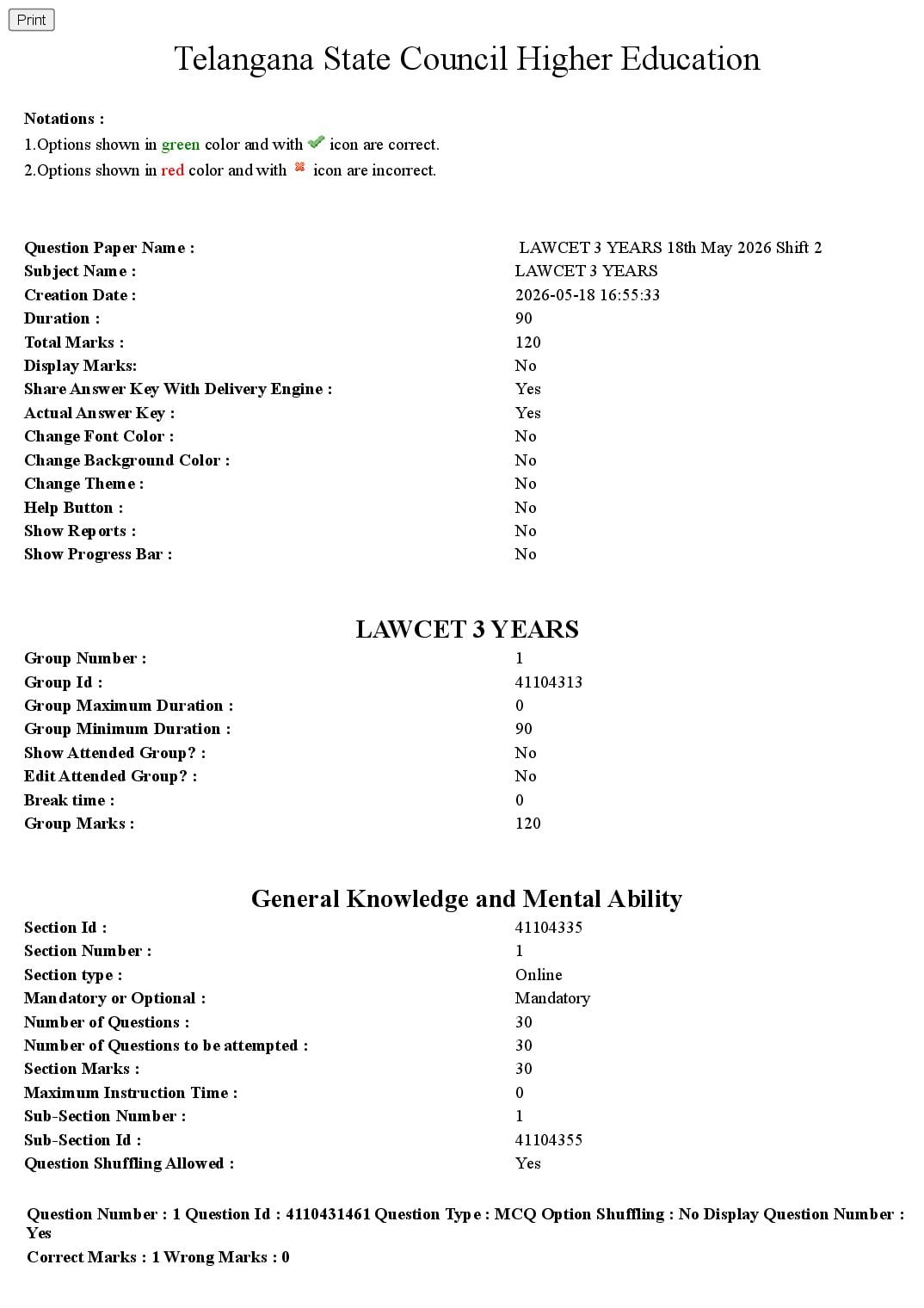 TS LAWCET 2026 Question Paper 3 Year Shift 2 - Page 1 of 62