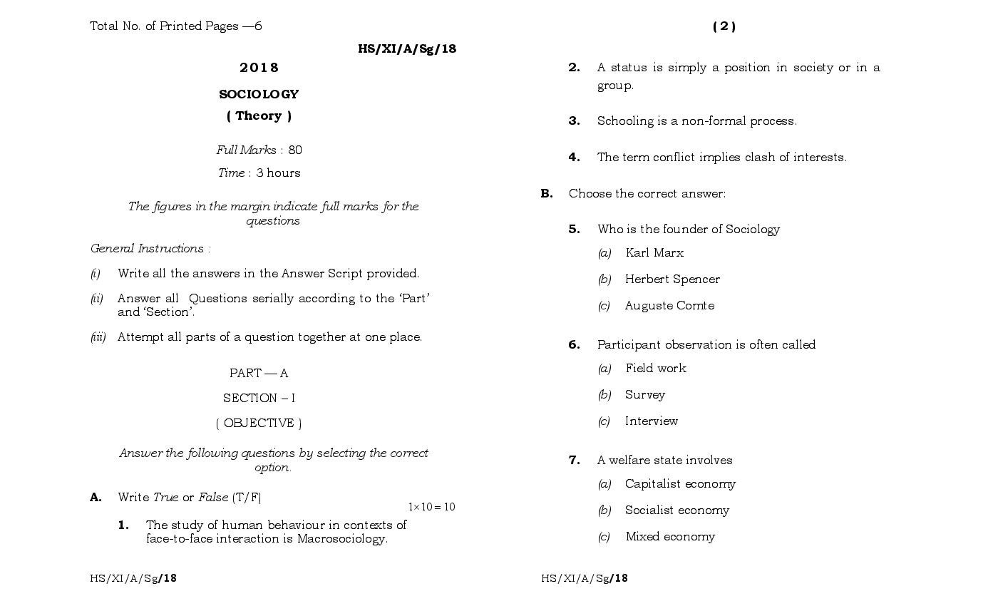 MBOSE Class 11 Question Paper 2018 for Sociology - Page 1
