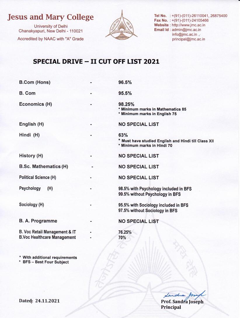 Jesus and Mary College 2nd Special Drive Cut Off List 2021 - Page 1
