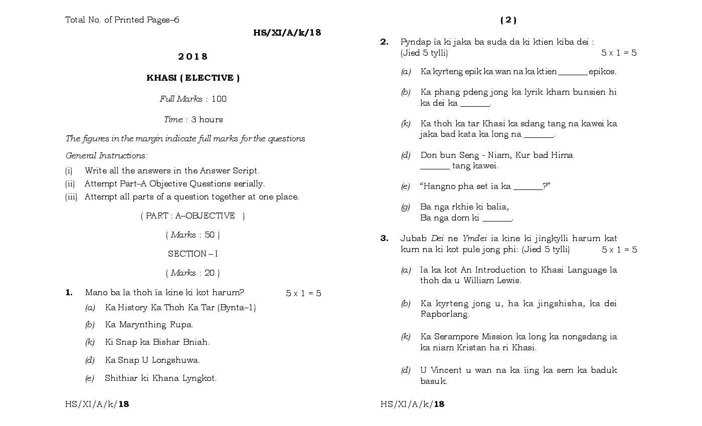 MBOSE Class 11 Question Paper 2018 for Khasi Elective - Page 1