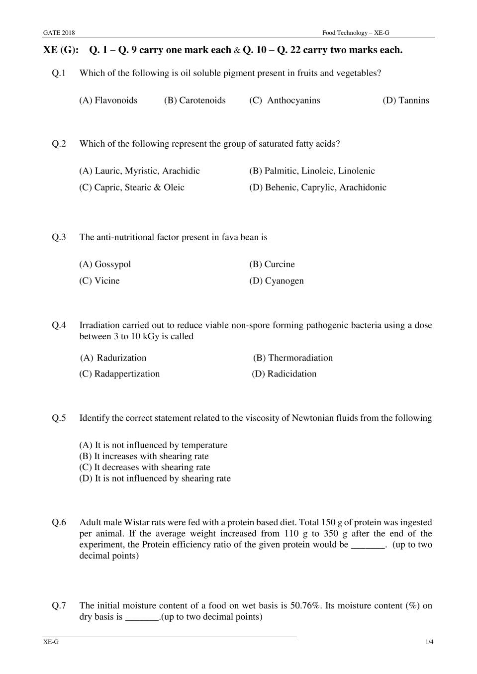 GATE 2018 Food Technology (FT- XE-G) Question Paper with Answer - Page 1