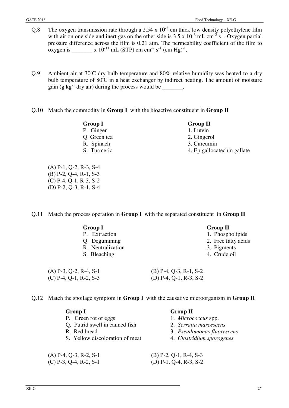 Gate 18 Food Technology Ft Xe G Question Paper With Answer