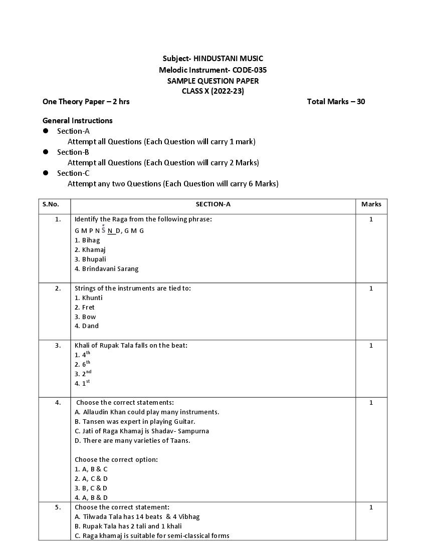 CBSE Class 10 Sample Paper 2023 for Hindustani Music Melodic, Percussion, Vocal - Page 1