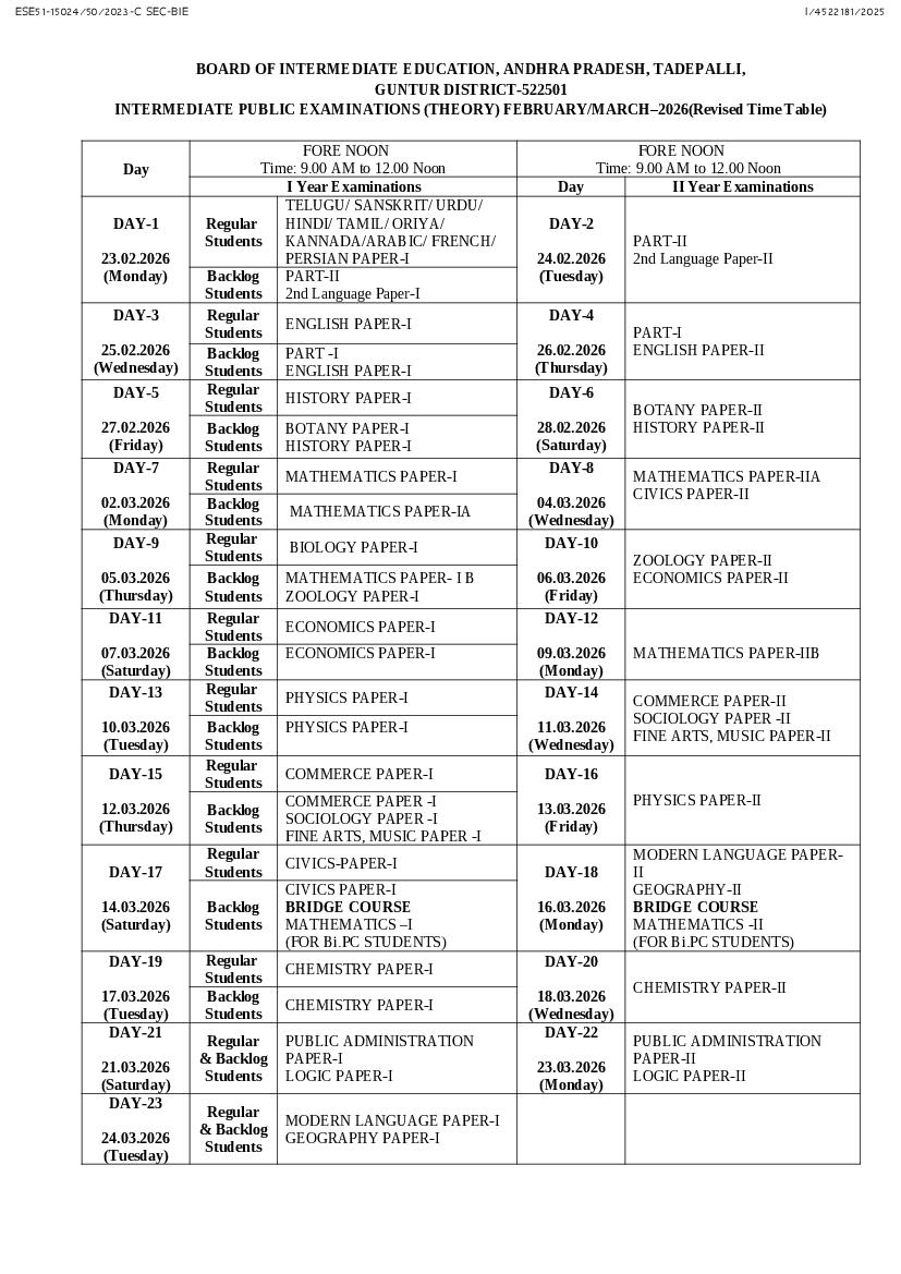 AP Inter 1st year Time Table 2026 - Page 1