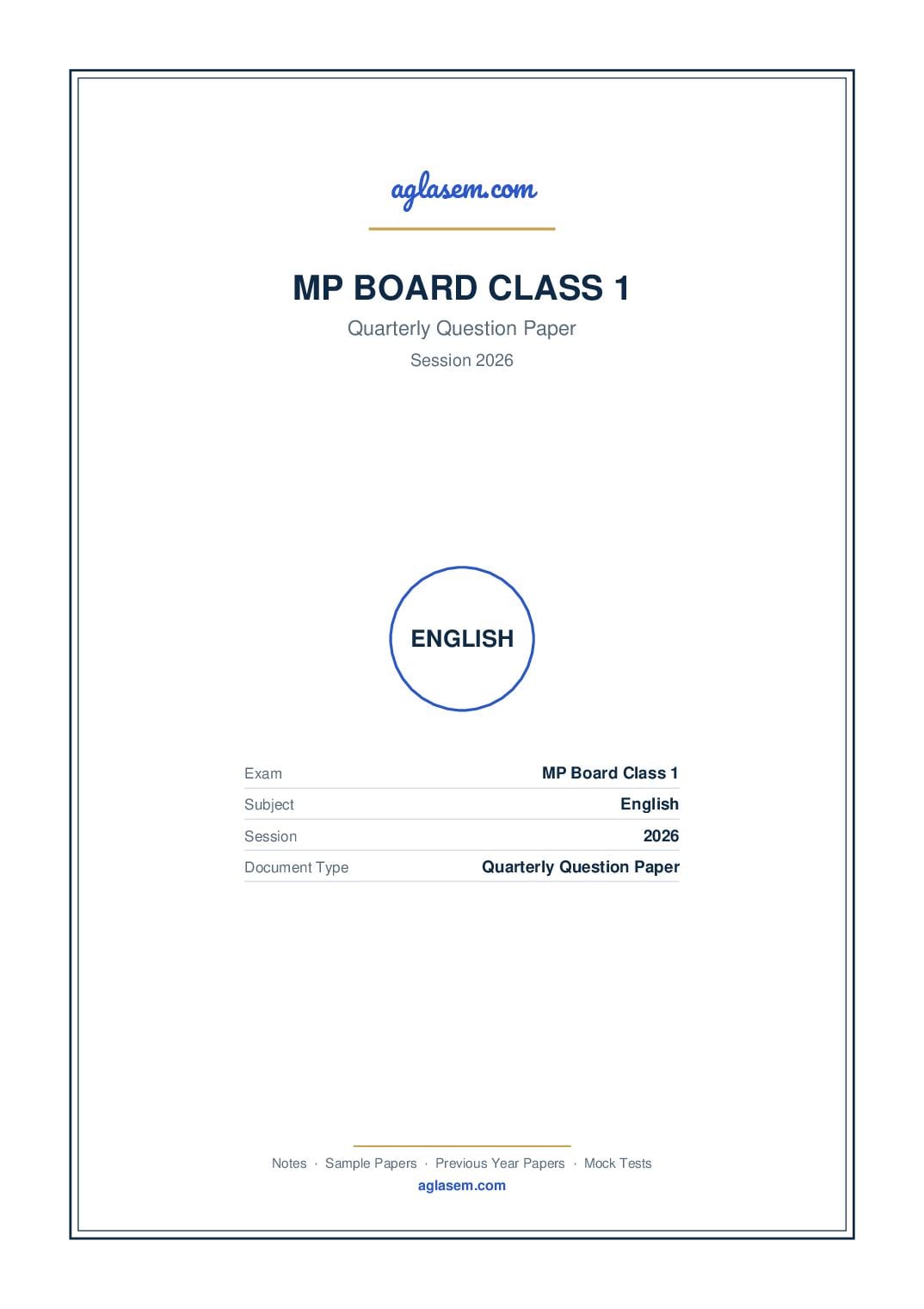 MP Board Class 1 Quarterly Question Paper 2026 English - Page 1 of 3