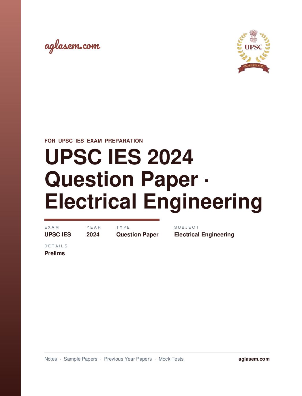 UPSC IES 2024 (Prelims) Question Paper for Electrical Engineering - Page 1 of 41