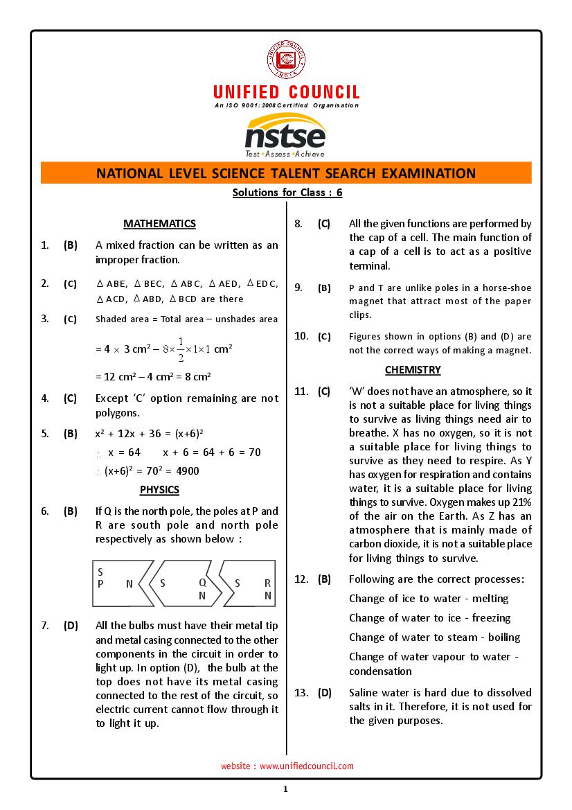 NSTSE Sample Paper Solutions Class 6 - Page 1