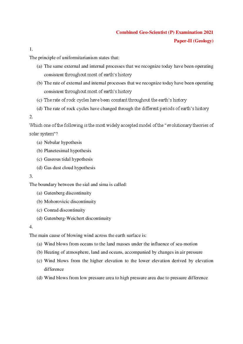 UPSC CGGE 2021 (Prelims)Question Paper Geology - Page 1