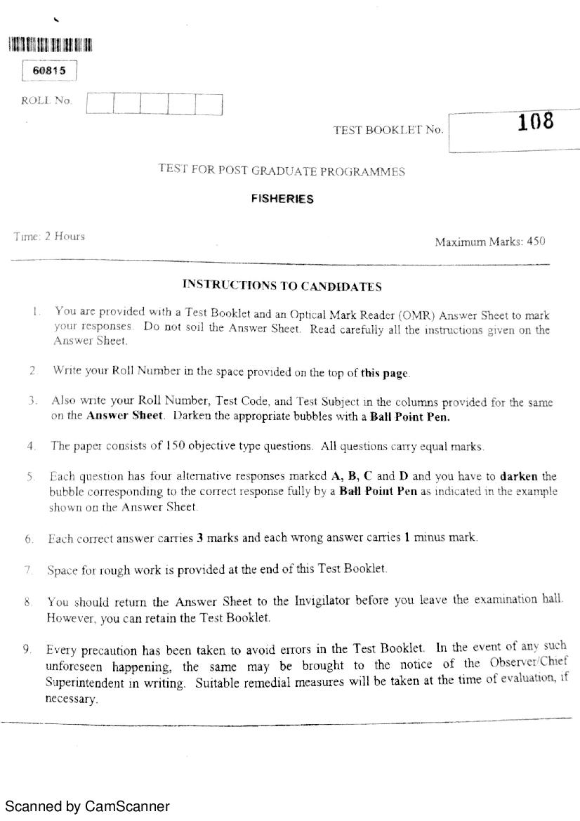 CUSAT CAT 2015 Question Paper Fisheries - Page 1
