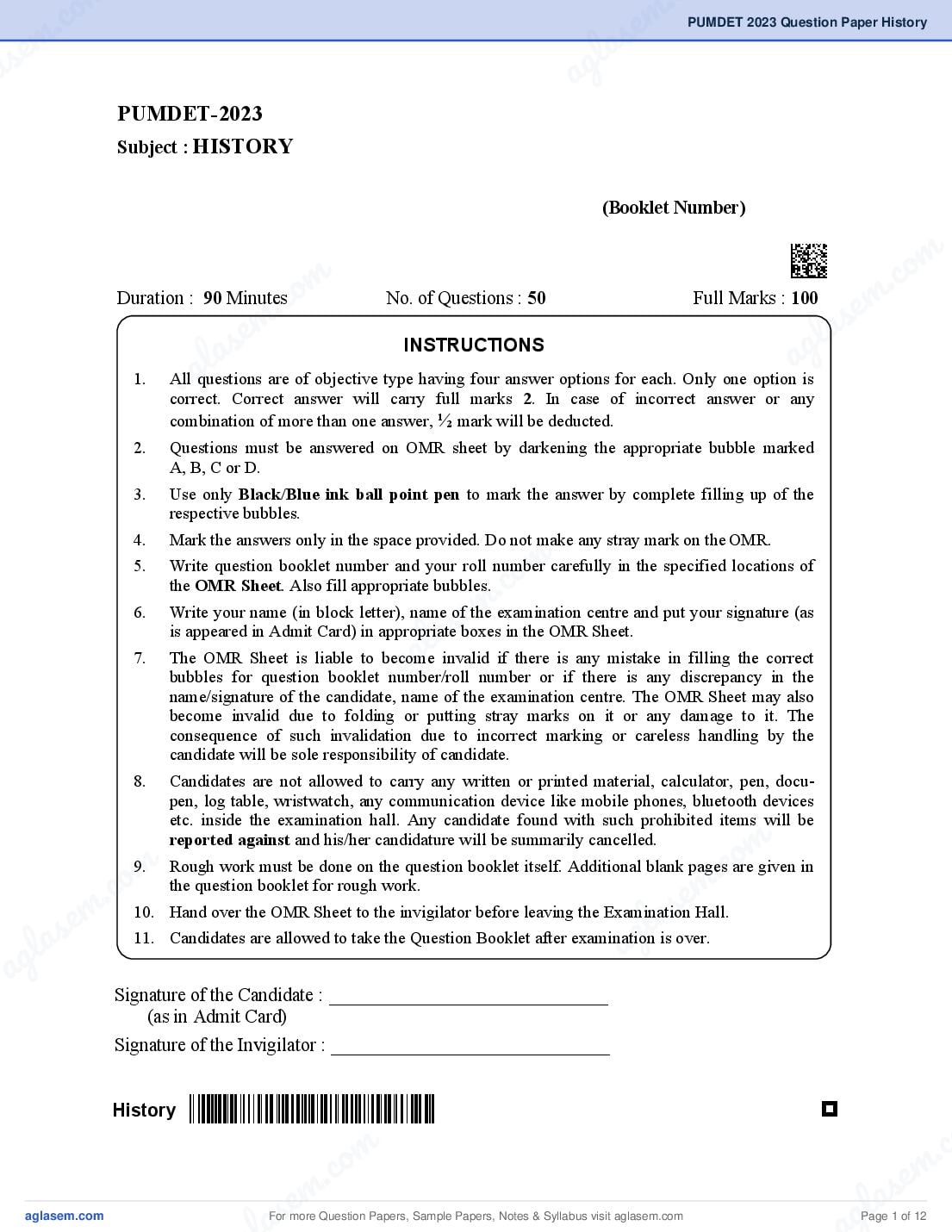 PUMDET 2023 Question Paper History - Page 1 of 12
