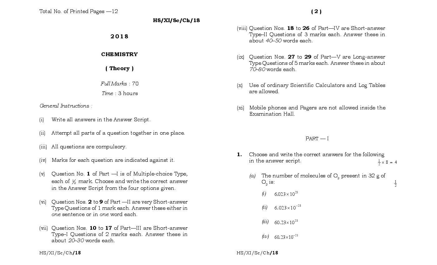 MBOSE Class 11 Question Paper 2018 for Chemistry - Page 1