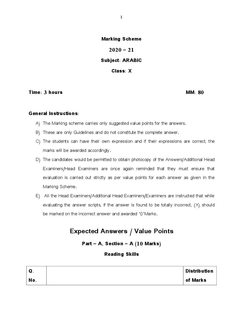 CBSE Class 10 Marking Scheme 2021 for Arabic - Page 1