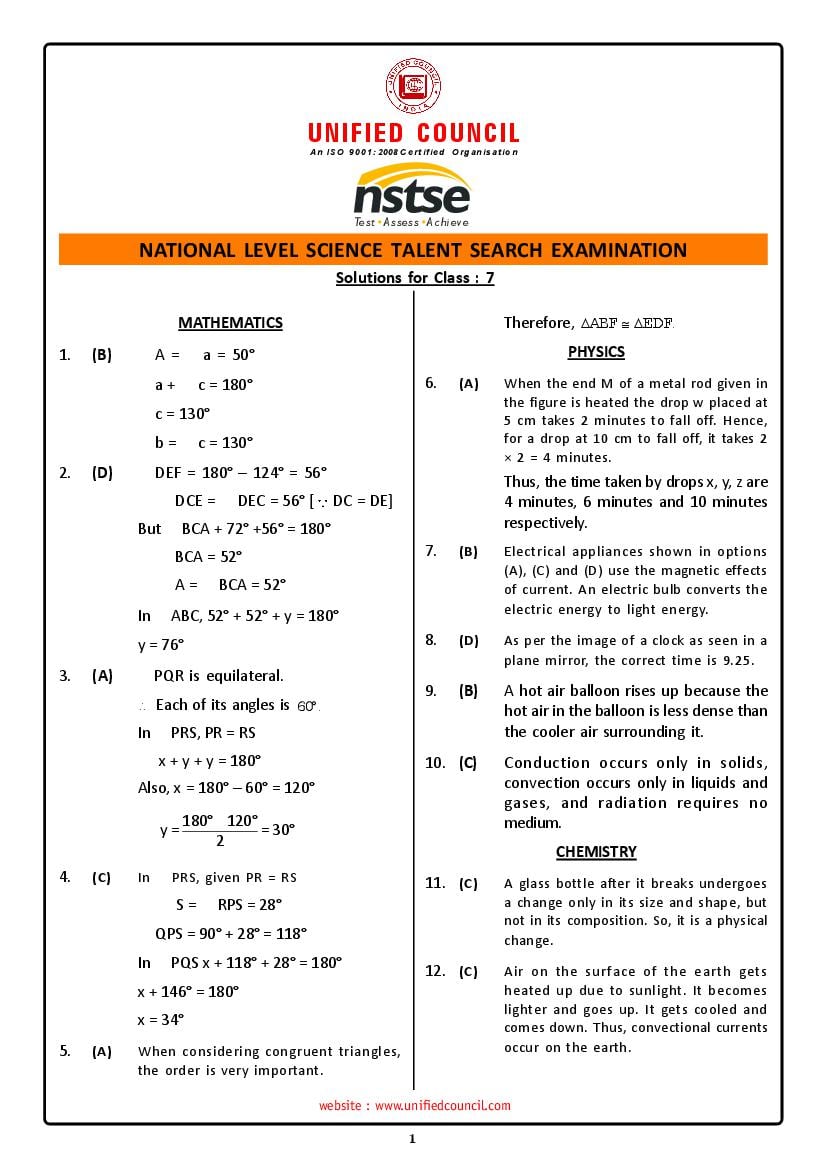 NSTSE Sample Paper Solutions Class 7 - Page 1