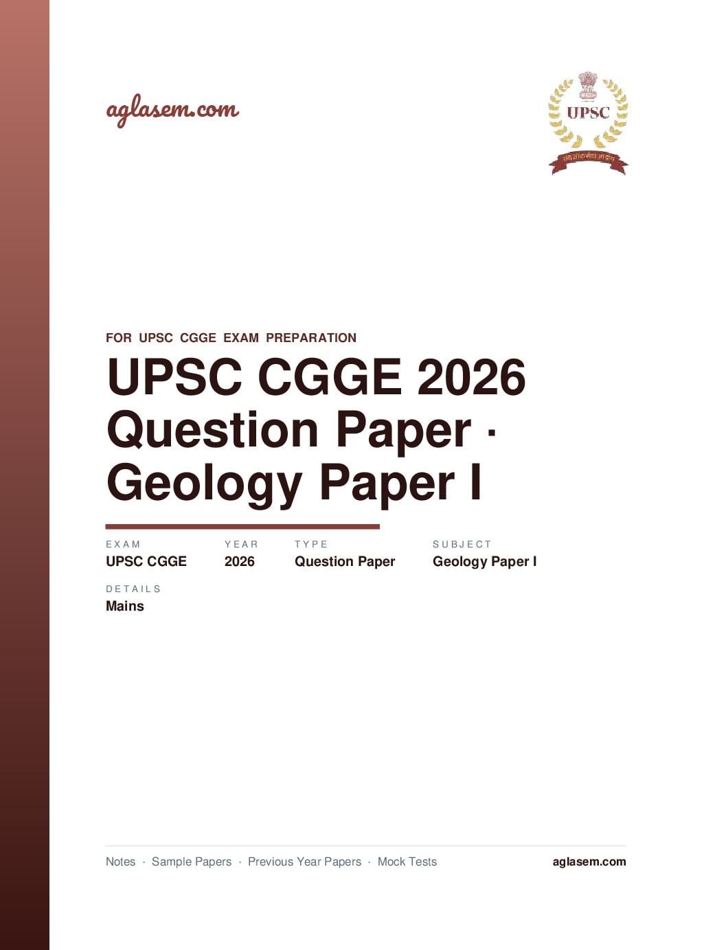 UPSC CGGE 2026 (Mains) Question Paper Geology Paper I - Page 1 of 5