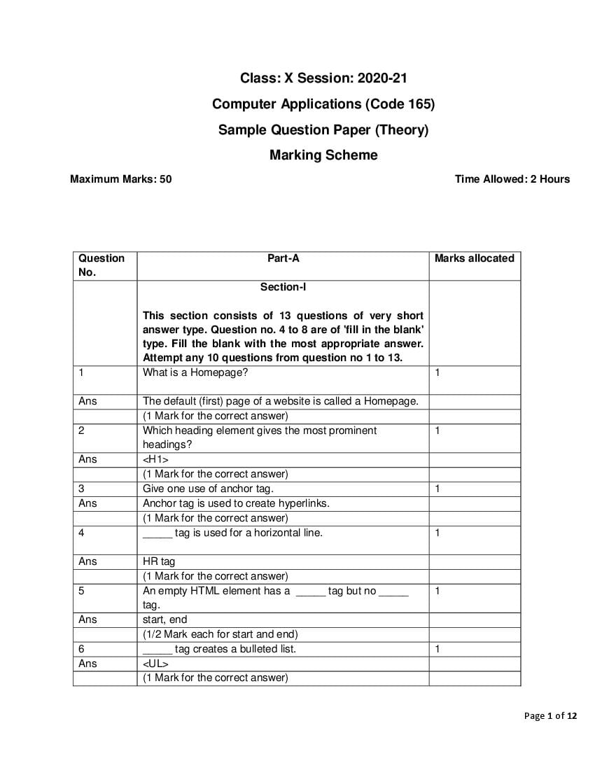 CBSE Class 10 Marking Scheme 2021 for Computer Application - Page 1