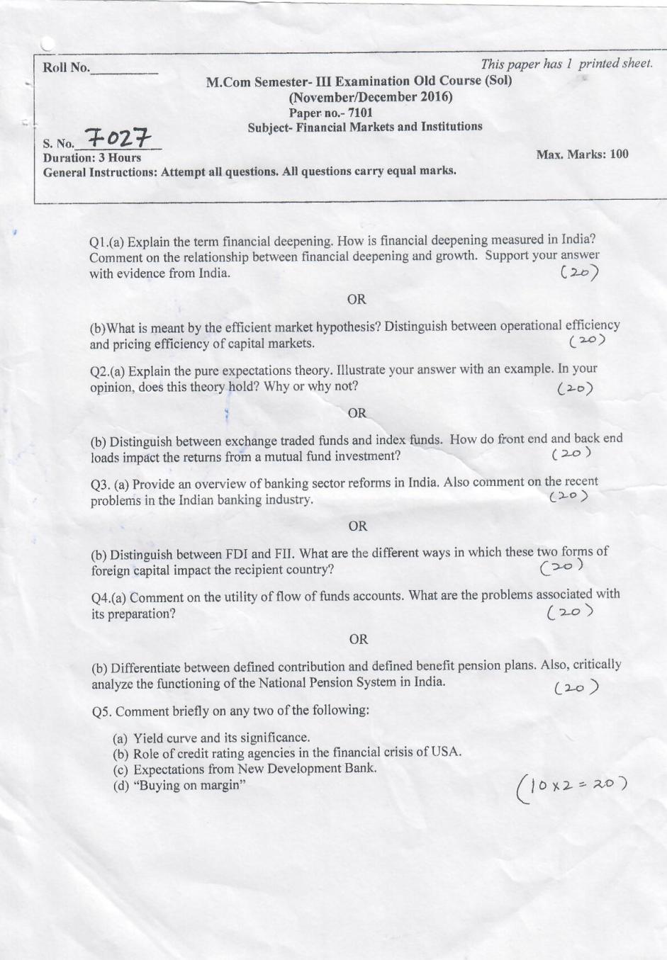 DU SOL M.Com Question Paper 2nd Year 2017 Sem 3 Financial Markets And Institutions Set 1 - Page 1