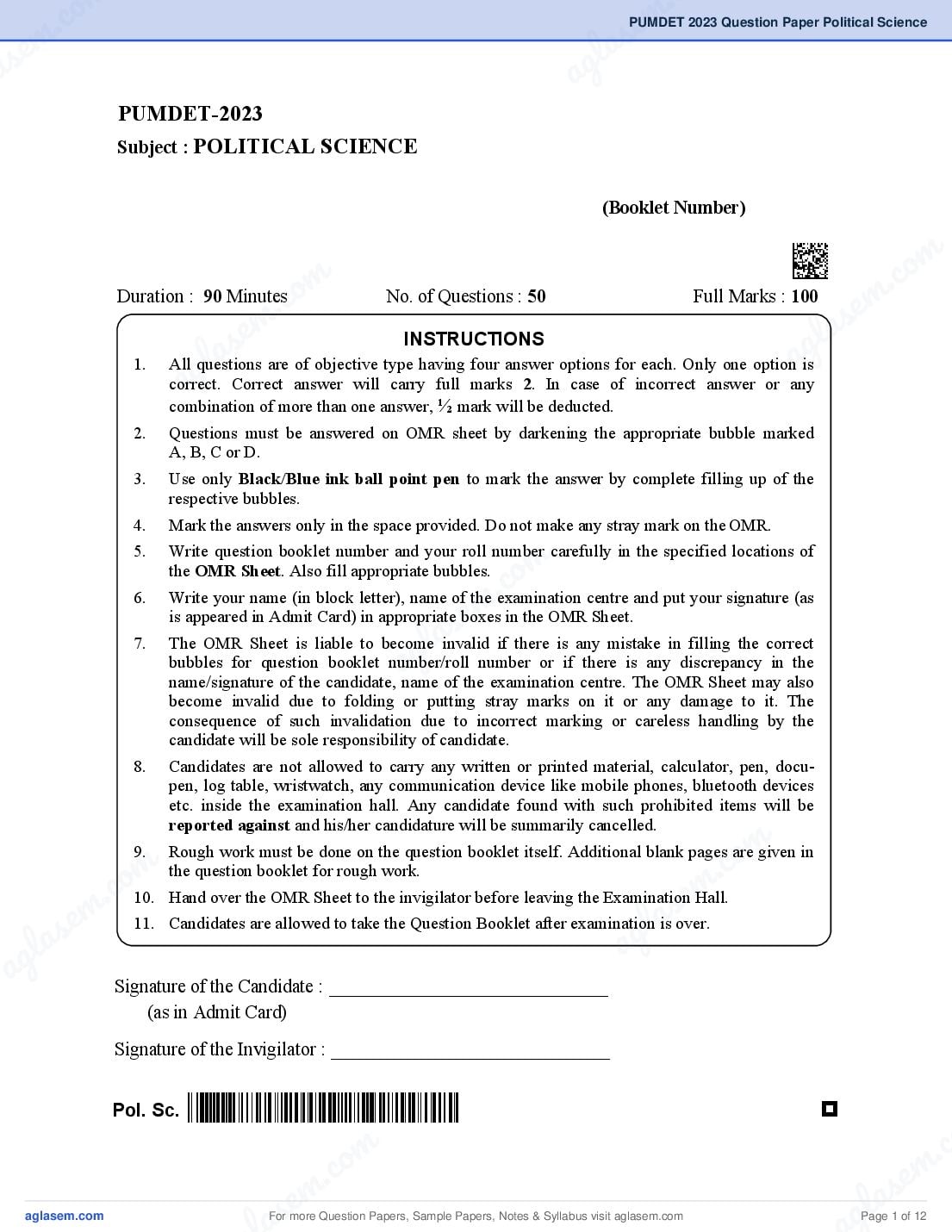 PUMDET 2023 Question Paper Political Science - Page 1 of 12