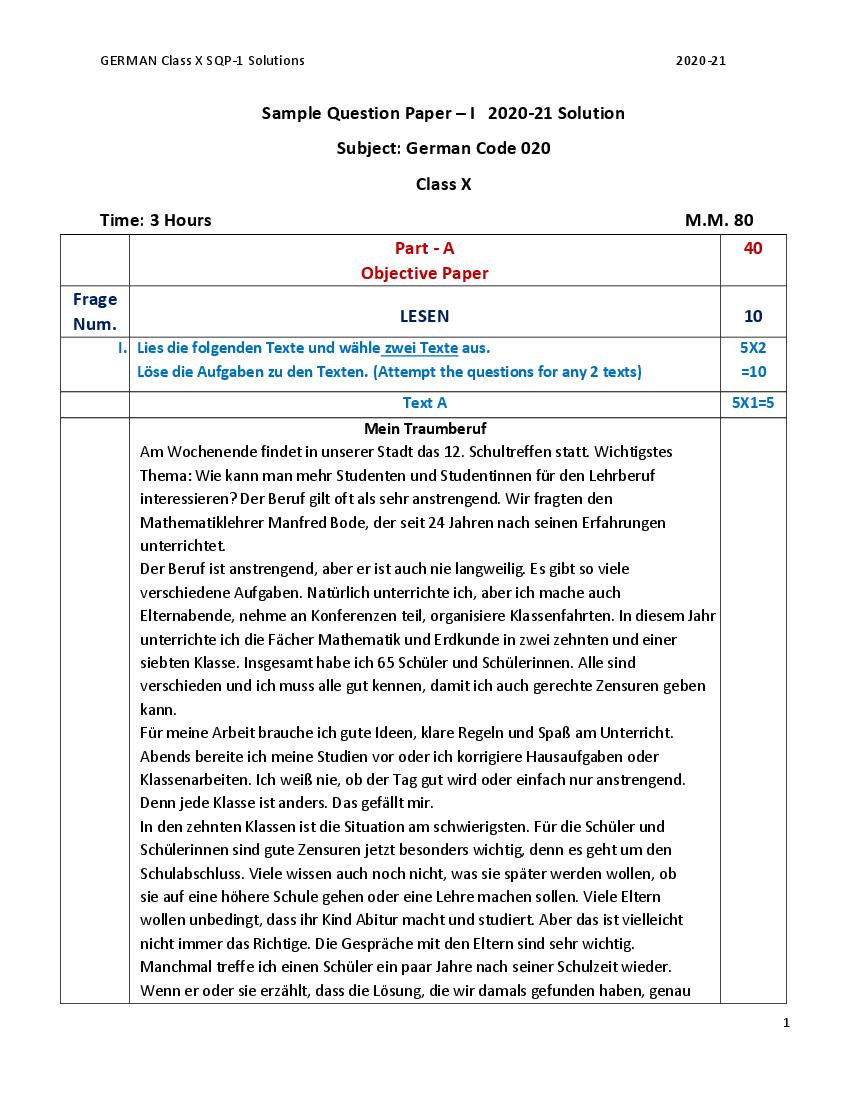 CBSE Class 10 Marking Scheme 2021 for German - Page 1
