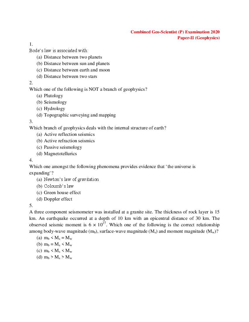 UPSC CGGE 2020 (Prelims) Question Paper Geo-Physics - Page 1