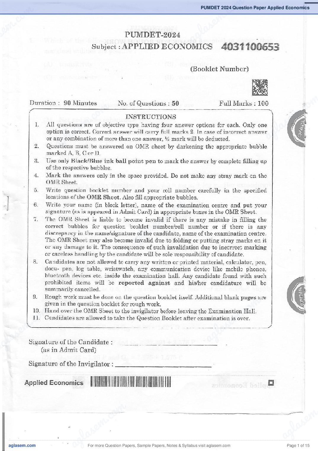 PUMDET 2024 Question Paper Applied Economics - Page 1 of 15